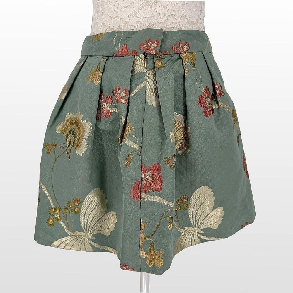 Vintage Floral Jacquard Mini Skirt M Sage Pleated Butterfly Romantic Cottagecore - Picture 6 of 11